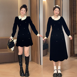 大萌萌微胖定制25年秋冬新款法式浪漫撞色拼接收腰显瘦花边连衣裙