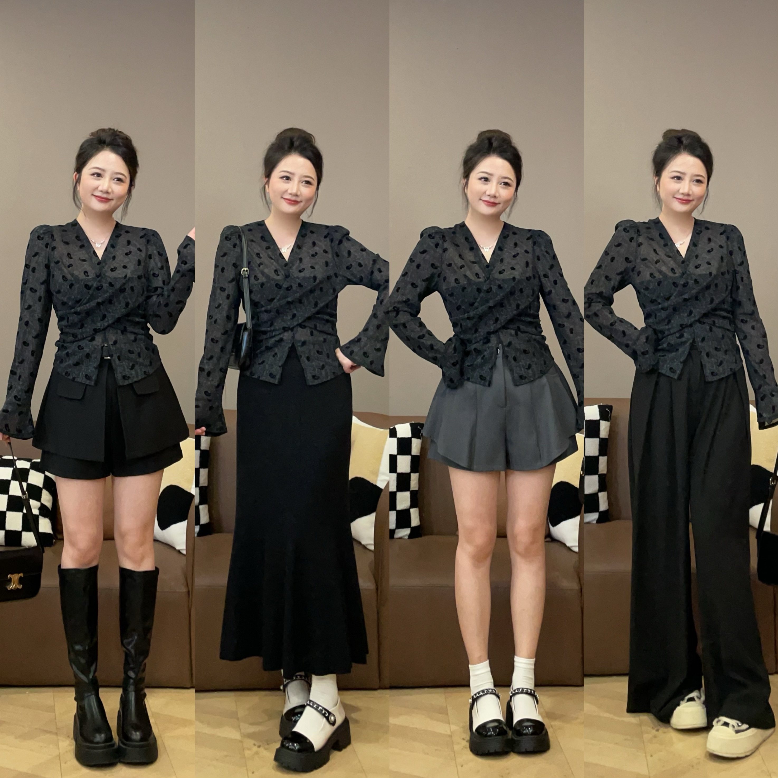 大萌萌微胖定制25年秋季气质撒银植绒腰果花交叉收腰上衣显瘦套装,女装/女士精品,时尚套装,淘宝优惠券,粉丝福利购,淘宝优惠卷