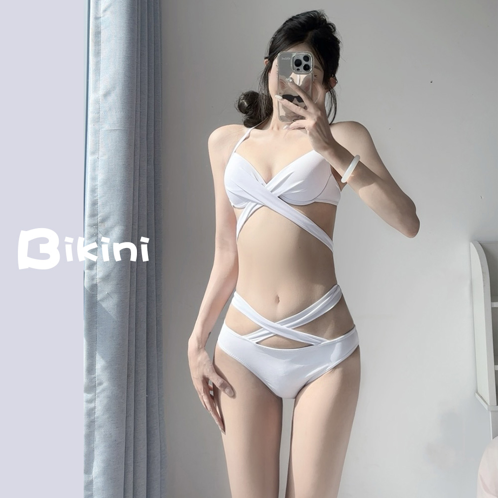鲨鱼小姐高端比基尼泳衣女交叉绑带三点式钢托小胸聚拢泡温泉度假