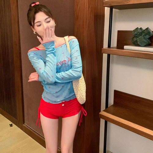 鲨鱼小姐女2024新款多巴胺穿搭分体比基尼四件套纯欲风长袖罩衫