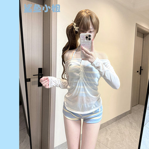 泳衣女2025新款比基尼分体条纹三件套高级感性感小胸长袖度假温泉