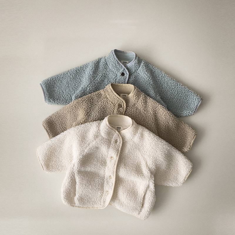 韩国进婴幼童装柔软加绒羊羔毛立领外套男女童冬款百搭保暖上衣