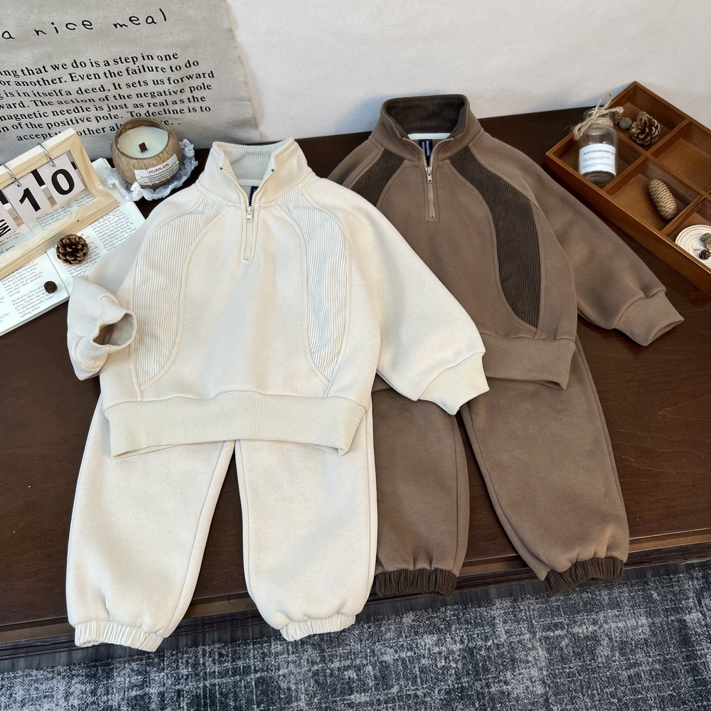 韩国童装ins撞色灯芯绒卫衣套装25秋冬 男女童时尚立领卫衣卫裤