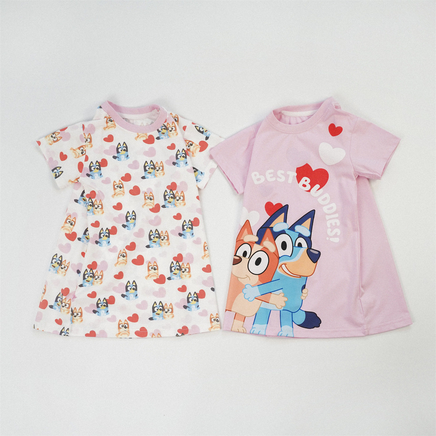 日系童装女童粉色爱心布鲁伊短袖连衣裙女宝宝可爱睡裙夏装薄外穿