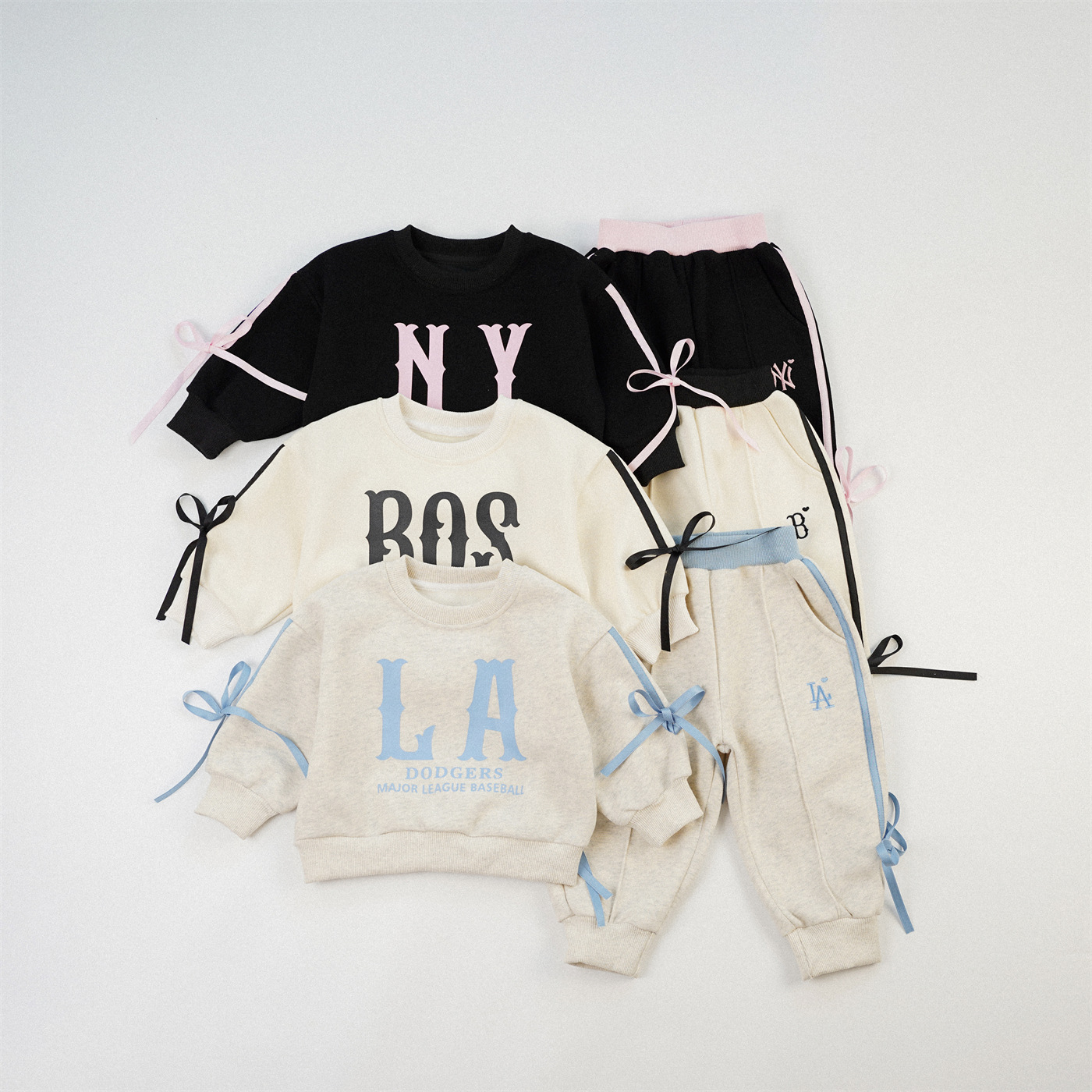 韩国童装女童蝴蝶结套装秋季字母卫衣卫裤两件拼色套装女宝宝秋天