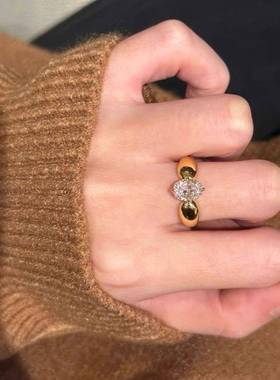 中古Vintage白钻戒指轻奢高级感小众锆石金色戒指开口戒