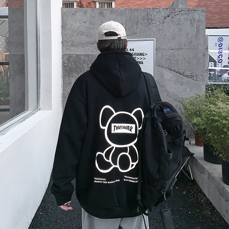 Cartoon Bear reflective print Crew Neck Sweater men's fashion label loose couple top