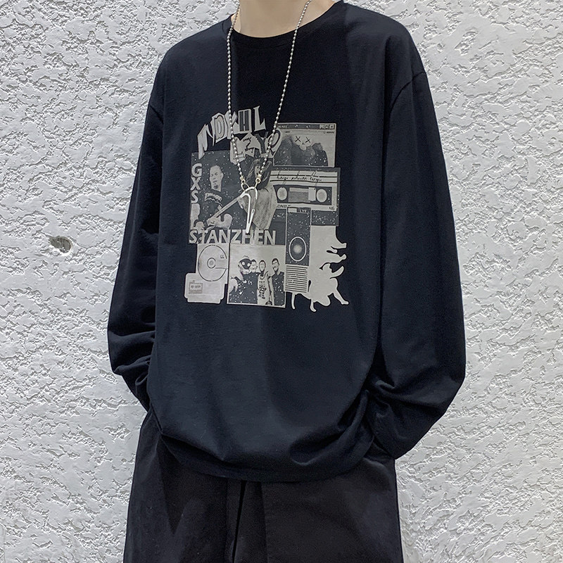 印花长袖t恤男潮牌宽松圆领上衣纯棉内搭打底衫春秋衣服DF282TP25图片
