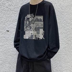 印花长袖t恤男潮牌宽松圆领上衣纯棉内搭打底衫春秋衣服DF282TP25图片