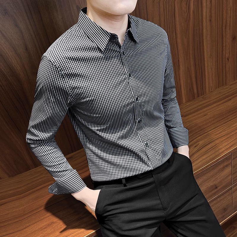 轻奢千鸟格衬衫男士秋季新款商务休闲高级感西服内搭翻领长袖衬衫