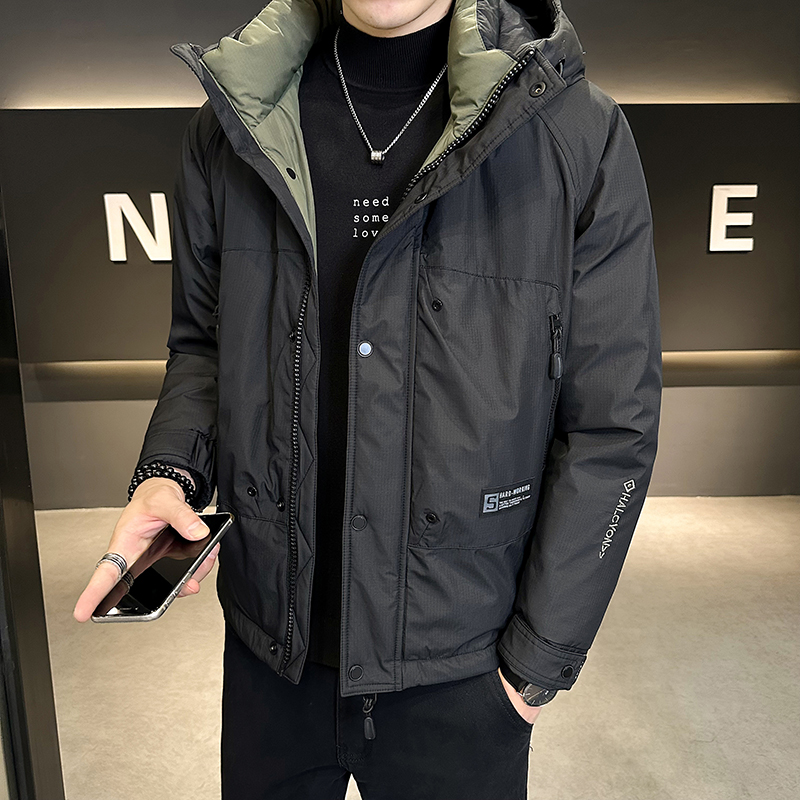 潮牌连帽羽绒服男士宽松短款外套冬季新款潮流工装休闲保暖冲锋衣