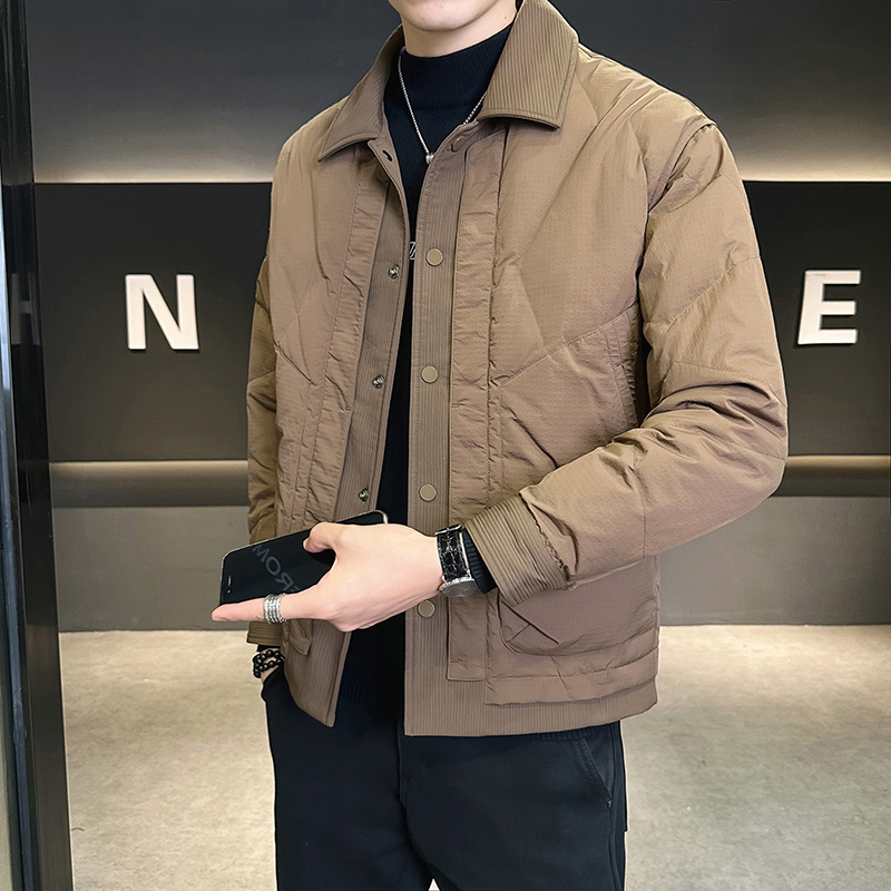 轻奢翻领轻薄羽绒服男士修身短款外套冬季新款潮流休闲工装羽绒衣