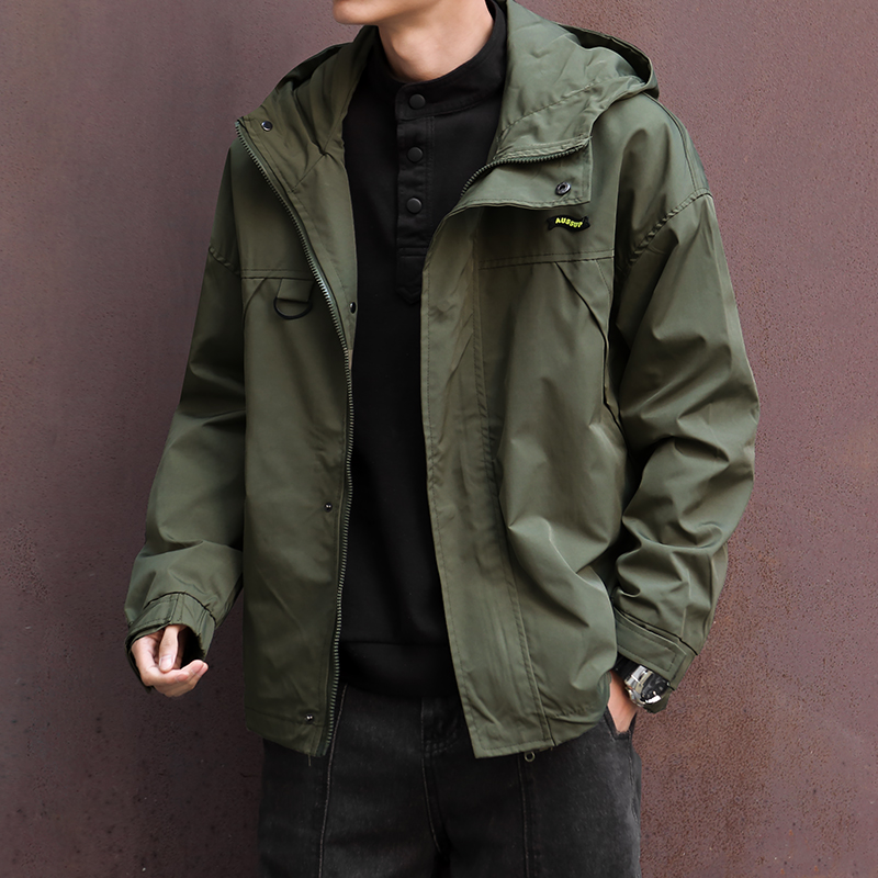 潮牌连帽工装冲锋衣男春秋季宽松大尺码夹克美式潮流飞行员休闲