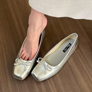 新款 elingstudio 女夏季 子 银色方头浅口单鞋 舒适百搭蝴蝶结平底鞋
