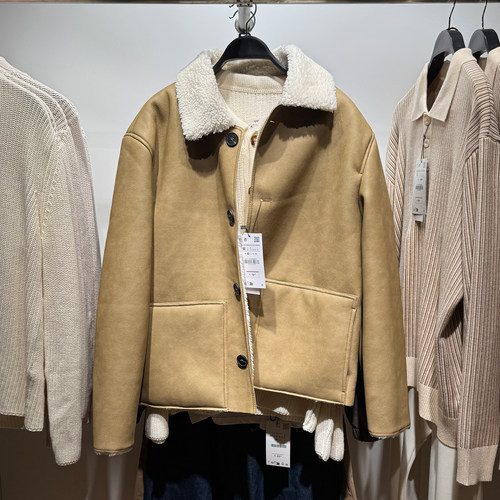 外贸双面皮革效果抓绒夹克外套