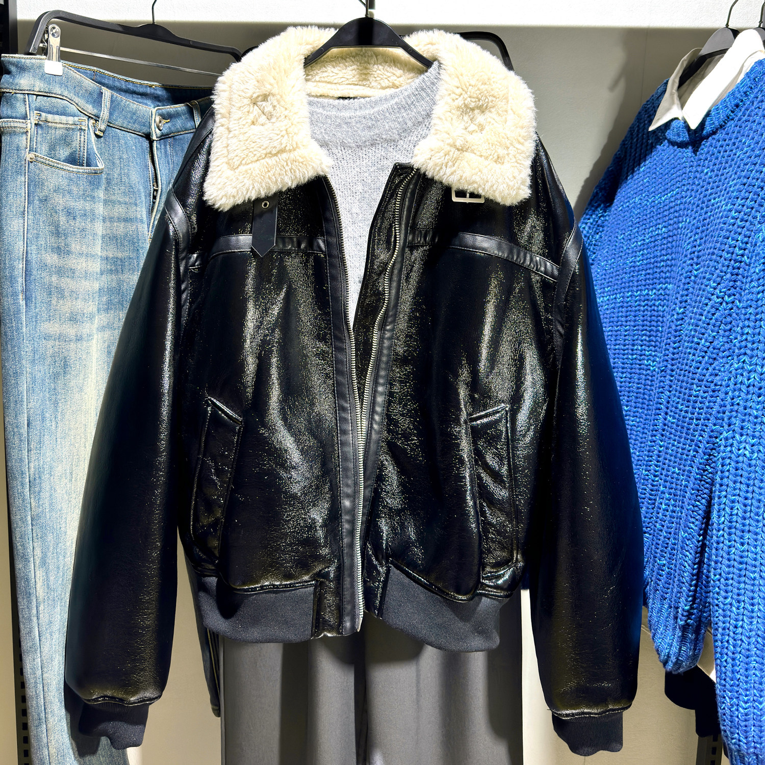 西班牙外贸加绒男翻领仿皮皮衣冬