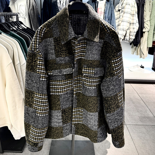 柜529！秋冬新品ZA男装 法兰绒饰层拼布翻领长袖衬衫外套 3046363