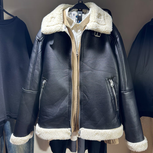 皮毛一体男装夹克翻领加绒皮衣