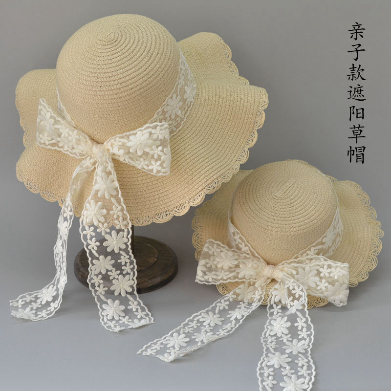 亲子草帽女夏海边沙滩遮阳防晒太阳帽子韩百搭出游蕾丝蝴蝶大檐帽