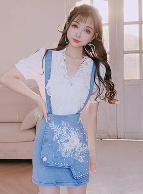 公主家689【活力少女】甜美蝴蝶结修身上衣衬衣牛仔背带裙短裙