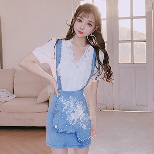 公主家689【活力少女】甜美蝴蝶结修身上衣衬衣牛仔背带裙短裙