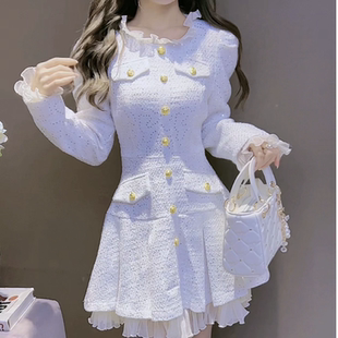 公主家3735秋装 小香风连衣裙木耳边拼接设计感气质粗花呢短裙 新款