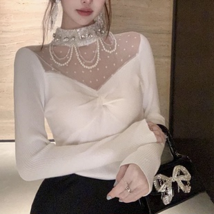 公主家1599半高领重工钉珠针织衫女上衣蕾丝打底衫内搭白色毛衣