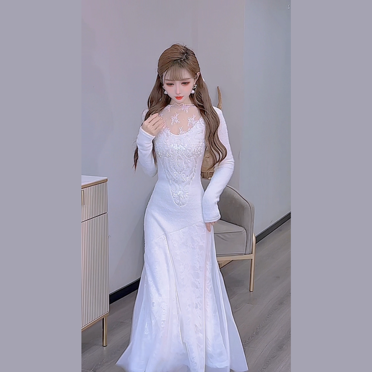 公主家7786新款亮片蕾丝长款连衣裙时尚气质加厚秋冬修身长裙