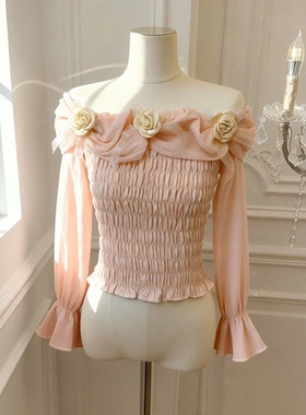 公主家26944秋冬新一字肩立体花毛衣百搭修身女上衣针织上衣