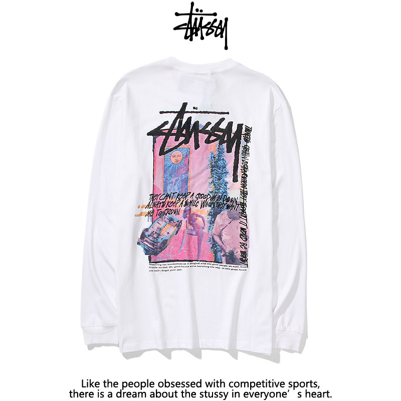 秋季Stussy纯棉长袖T恤女INS潮牌斯图西印花涂鸦圆领薄款打底衫男