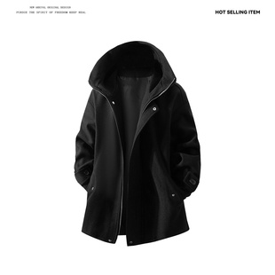 中款风衣男秋冬款连帽毛呢大衣高级感呢子外套男生短款风衣褂子潮