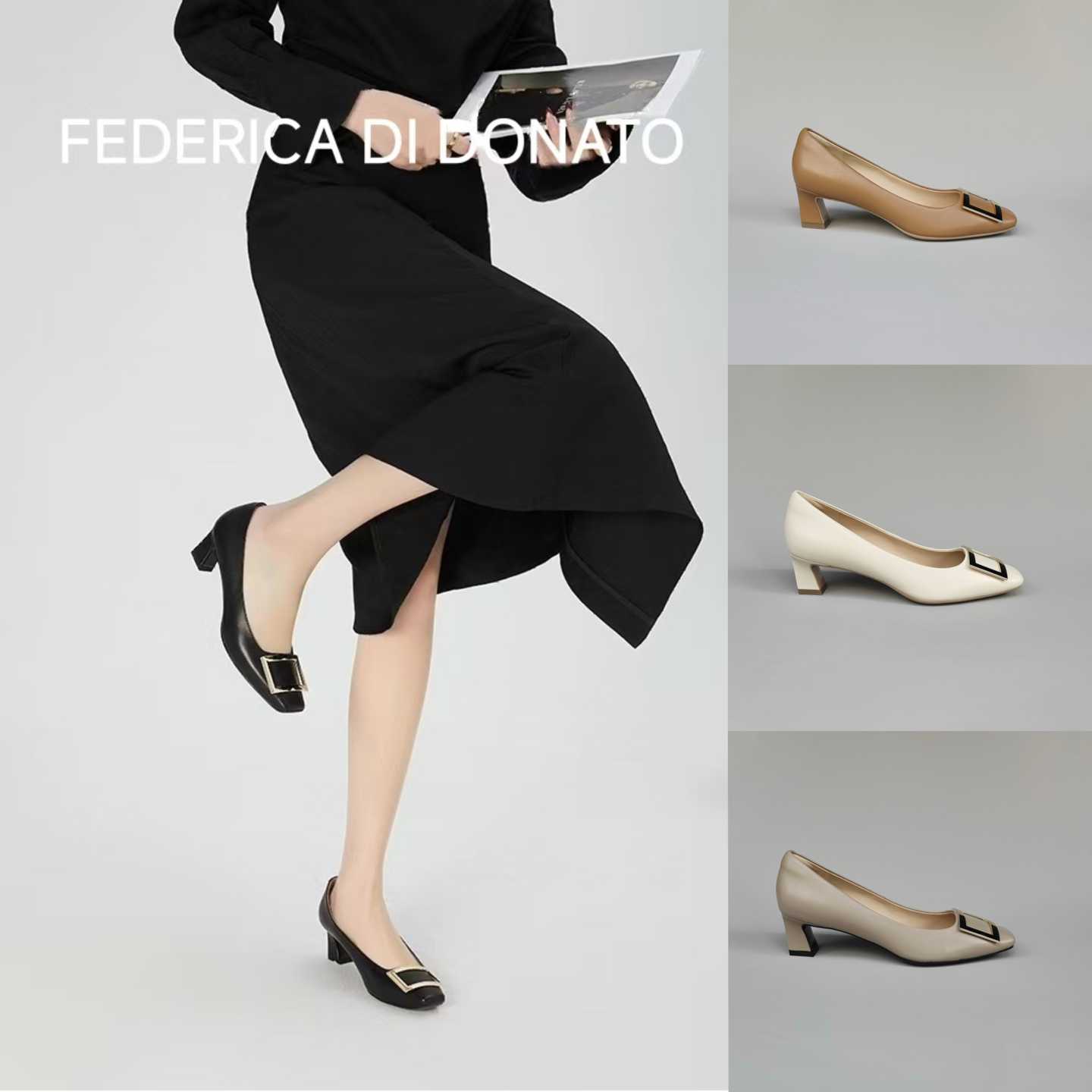FEDERICA DI DONATO RV羊皮方头方扣中跟单鞋女 真皮粗跟高跟鞋