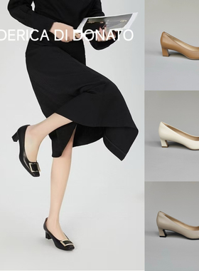 FEDERICA DI DONATO RV羊皮方头方扣中跟单鞋女 真皮粗跟高跟鞋
