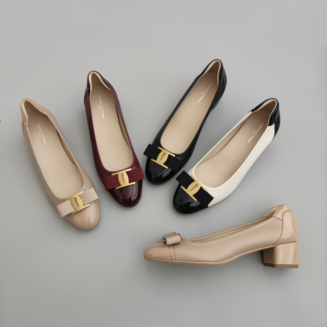 FEDERICA DI DONATO上班通勤百搭拼色漆皮小羊皮蝴蝶结单鞋小低跟