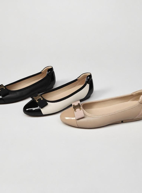 Federica Di Donato 圆头浅口双C家蝴蝶结羊皮拼漆皮平底真皮单鞋