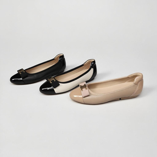 Federica Di Donato 圆头浅口双C家蝴蝶结羊皮拼漆皮平底真皮单鞋