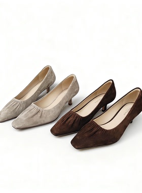 FEDERICA DI DONATO 包邮25新款羊绒方头小跟鞋女   浅口低跟单鞋