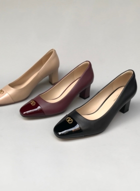 FEDERICA DI DONATO新款方头真皮浅口V扣高跟鞋 百搭拼色粗跟女鞋