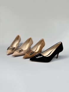 FEDERICA DI DONATO女神BI备尖头方扣羊反绒浅口高跟单鞋跟稳百搭