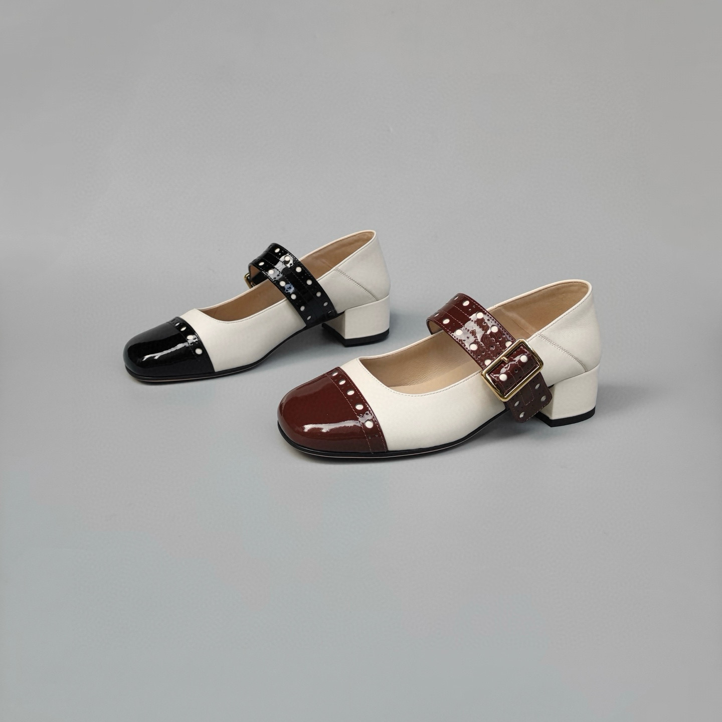 小香风方头一字带玛丽珍粗跟女鞋