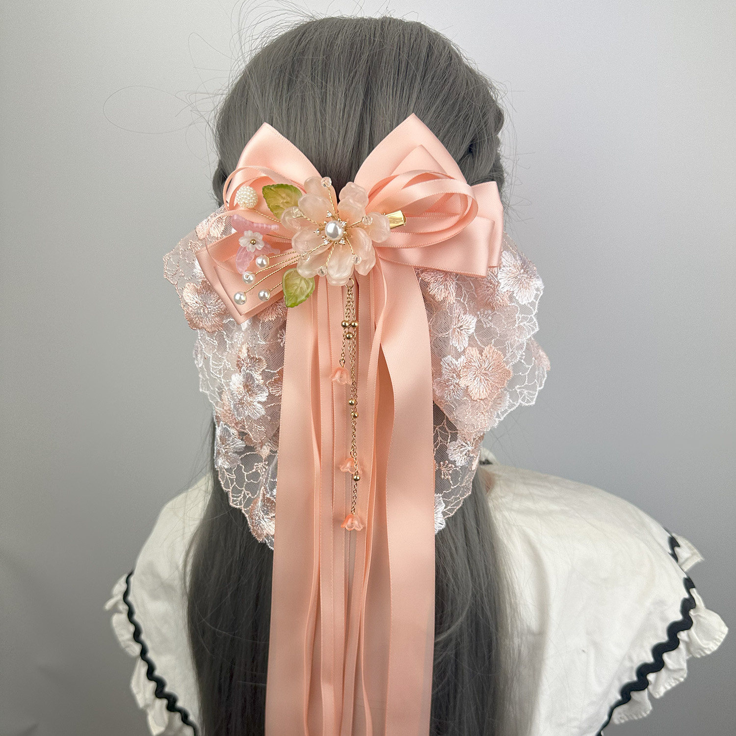 复古蜜粉蕾丝大蝴蝶结弹簧发卡子顶夹日韩版后脑勺女头花饰品