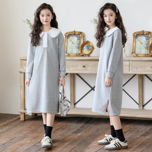 中大女童连衣裙长袖2025春装新款中长款体闲宽松卫衣裙子女孩洋气