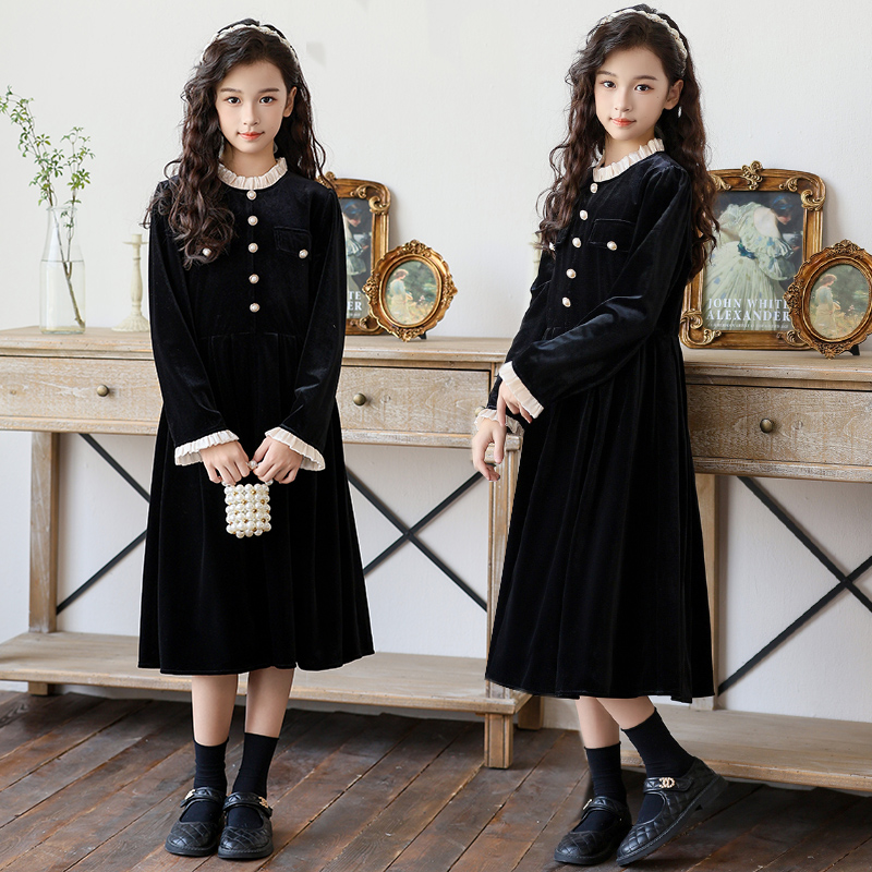 中大女童连衣裙2025新款小香风金丝绒裙子甜美长袖洋气公主裙秋冬