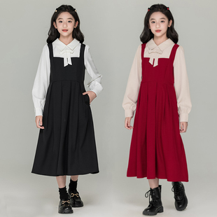 中大女童假两件加绒红色连衣裙2025新款气质学院风长裙洋气秋冬装