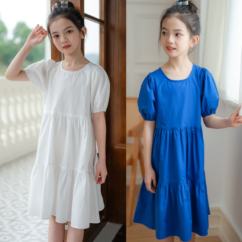 中大女童连衣裙短袖夏季2025新款洋气韩版简约泡泡袖宽松蛋糕裙子