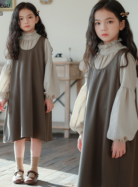 女童连衣裙2026春秋新款洋气中大儿童长袖衬衫森系背心裙两件套装