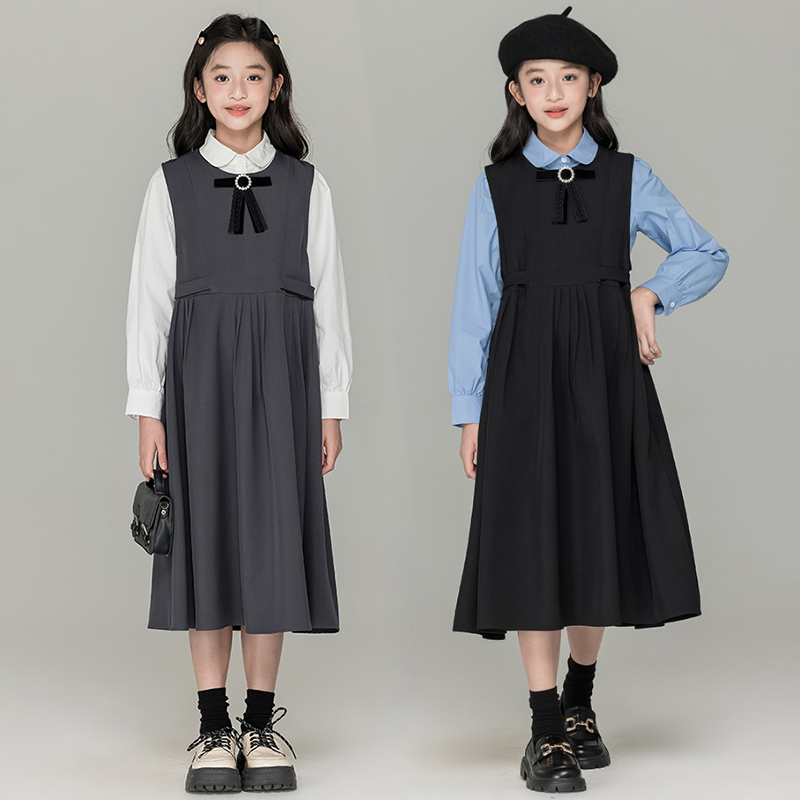 中大女童连衣裙套装2025新款秋装公主裙女孩长袖衬衫背心裙两件套