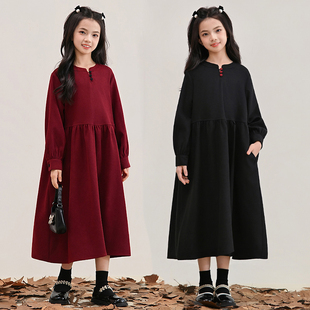中大女童长袖连衣裙2025新款休闲宽松中长款红色裙子女孩加绒秋冬