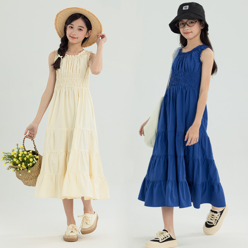 中大女童无袖连衣裙夏季2025新款洋气女孩中长款修身度假背心裙子