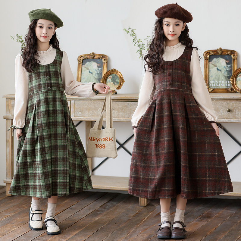 中大女童假两件连衣裙2025新款时髦公主裙洋气格子加绒长裙秋冬装
